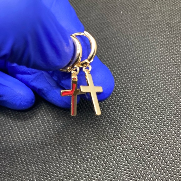 Cross Earrings Gold Huggie Hoop Dangle Drop - Picture 12 of 12